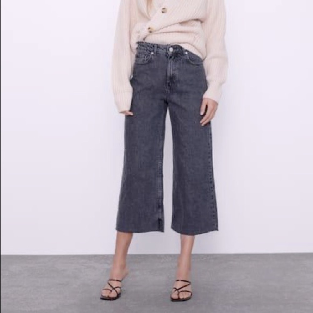 NWT Zara Hi-Rise Culotte Grey Wide-Leg Jeans - Picture 1 of 7